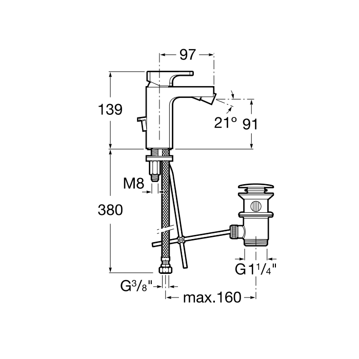 Medidas del grifo para bidé monomando L-90 con desagüe automático L-90 - ROCA